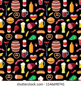 Seamless pattern with cartoon elements of Oktoberfest beer festival on black background