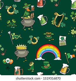 Seamless pattern with cartoon elements for Saint Patrick s Day.
