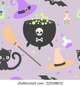 Seamless  pattern with cartoon elements of witchcraft and witch  - cauldron of potion, bubbles with venom, black cat, bat, broom, hat