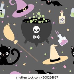 Seamless  pattern with cartoon elements of witchcraft and witch - - cauldron of potion, bubbles with venom , black cat, bat, broom, hat