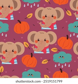 elefante de desenho animado padrão sem costura com vibrações de outono. papel de parede outono bonito para impressão de tecido, papel de embrulho de presente