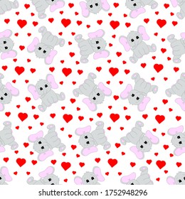Seamless pattern with cartoon  elephant and hearts. Vector illustration.