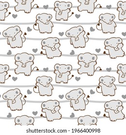 Seamless Pattern of Cartoon Elephant Illustration Design on White Background with Grey Wavy Lines and Hearts