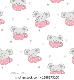 Seamless Pattern of Cartoon Elephant and Pink Cup Design on White Background with Hearts