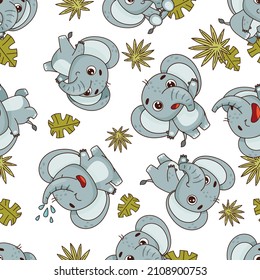 Seamless pattern with cartoon elephants among tropical leaves. Endless texture. Vector illustration.