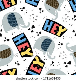 seamless pattern with cartoon elephants, hand drawing lettering, decor elements. Colorful vector flat style for kids. baby design for fabric, print, wrapper, textile