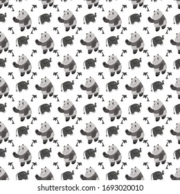 
seamless pattern with cartoon elephants and pandas. black and white color