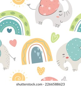 Seamless pattern with cartoon elephants and a rainbow. Vector illustration.