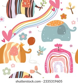 Seamless pattern with cartoon elephants, rainbow, hearts, flowers on white background. Vector illustration.