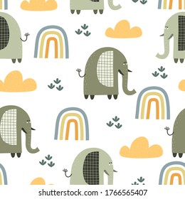 Seamless pattern with cartoon elephants, rainbows, decor elements. Flat style, colorful vector for kids. Hand drawing, animals. baby design for fabric, print, wrapper, textile
