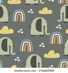 Seamless pattern with cartoon elephants, rainbows, decor elements on a neutral background. Flat style, colorful vector for kids. Hand drawing, animals. baby design for fabric, print, wrapper, textile