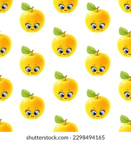Nahtloses Muster aus Cartoon Emoji, süßer gelber Apfel auf weißem Hintergrund
