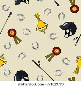 seamless pattern cartoon equestrian sport cupe prize horseshoe w