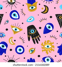 Seamless Pattern With Cartoon Evil Eyes. Blue Evil Eye, Hamsa, Hand Of Fatima, Eye Of Providence. Vector Illustrations Of Amulets For Print, Fabric, Wallpaper, Clothing, Wrapping Paper