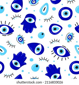 Seamless pattern with Cartoon Evil eyes. Blue Evil eye, Hamsa, Hand of Fatima, Eye of Providence. Vector illustrations of amulets for print, fabric, wallpaper, clothing, wrapping paper