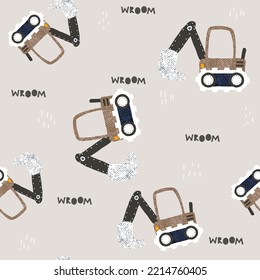 Seamless pattern with cartoon excavators. Childish trendy print. Vector hand drawn illustration.