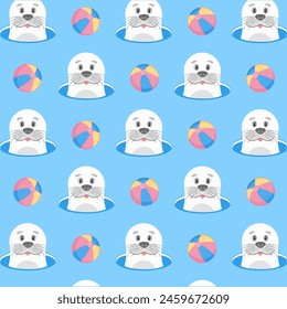 Seamless pattern with cartoon , face of seals and Balloon on blue background. pattern and animal illustration.