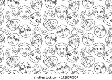 Seamless pattern with cartoon face vector people. Hand drawn line art illustration. Outline doodle head of kids boys girls. Childish texture backdrop