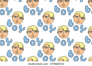 Seamless pattern with cartoon face vector boys and letterings. Hand drawn Doodle head of kids people. Childish texture backdrop
