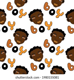 Seamless pattern with cartoon face vector boys and letterings. Hand drawn Doodle head of kids people. Childish texture backdrop