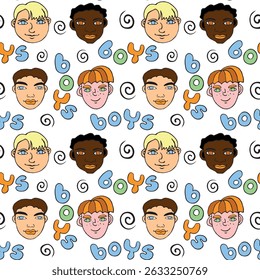 Seamless pattern with cartoon face vector boys and letterings. Hand drawn Doodle head of kids people. Childish texture backdrop.