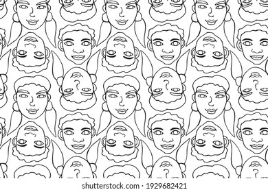 Seamless pattern with cartoon faces vector people. Hand drawn line art illustration. Outline doodle heads of women, men, boys, girls. Texture backdrop