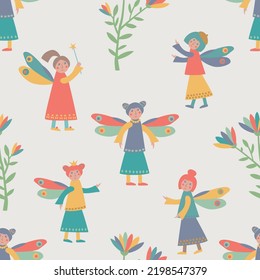 Seamless pattern with cartoon fairies and flowers. Vector illustration.