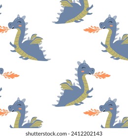 seamless pattern with cartoon fairy dragon. Vector illustration of dragon flame spewing, Can used for baby background, textile, wrapping. 