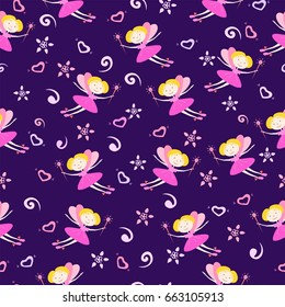 Seamless pattern with Cartoon fairy for little girl.  Flying fairy background.