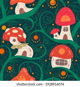 Seamless pattern with cartoon fairy tale porcini house on a liana with lanterns for fairies and gnomes on green background. A fabulous home for little creatures. Vector flat texture for wallpaper