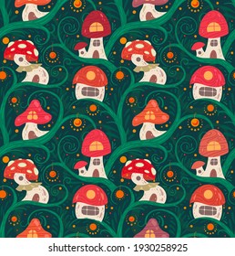 Seamless pattern and cartoon fairy tale porcini house liana and lanterns for fairies   gnomes green background  A fabulous home for little creatures  Vector flat boho texture for wallpaper