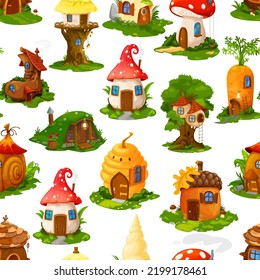 Seamless pattern of cartoon fairytale houses and dwellings of gnome elf, vector background. Fairy tale homes village and gnome huts in mushroom, carrot or boot and beehive