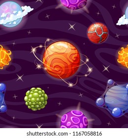 Seamless pattern with cartoon fantasy planets. Space background