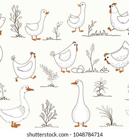 Seamless pattern with cartoon farm birds on white background