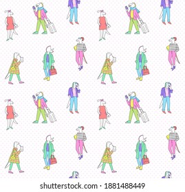 Seamless pattern with cartoon fashionable dinosaurs in the city. 
Set of funny characters isolated on white background. Vector illustration.