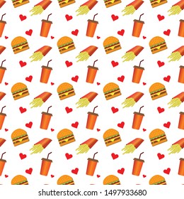 Seamless pattern of cartoon fast food icons, cheeseburger, french fries and cola drink. Isolated on white background. Vector Illustration.