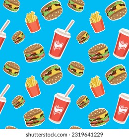 Seamless pattern. Cartoon fast food unhealthy burger sandwich, hamburger, French fries, cold drink. Ready for fabrics and background.