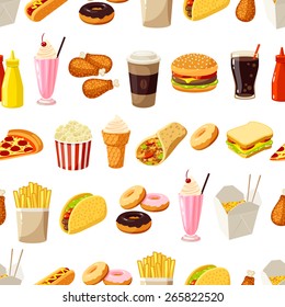 Seamless pattern with cartoon fast food. Vector illustration, eps10.