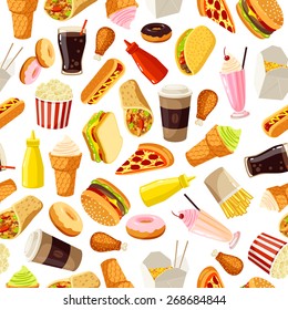 Seamless Pattern With Cartoon Fast Food. Vector Illustration, Eps10.