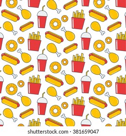 Seamless pattern with cartoon fast food. Modern flat style. 
