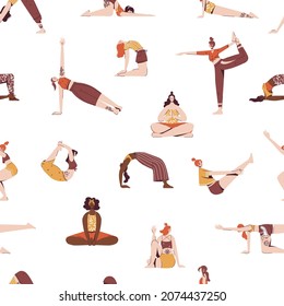 Seamless pattern with cartoon female characters in yoga poses and meditate. Young women doing yoga exercises, practicing meditation and stretching. Healthy lifestyle. Yoga in yoga studio or home