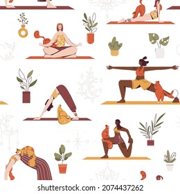 Seamless pattern with cartoon female characters in yoga poses and meditate with cats. Young women doing yoga exercises, practicing meditation and stretching at home. Healthy lifestyle