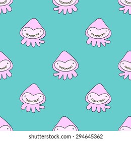Seamless pattern with cartoon fictional monster painted pale pink with a smile on aquamarine background