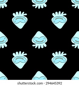 Seamless pattern with cartoon fictional monster painted light blue with a smile on a black background