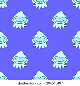 Seamless pattern with cartoon fictional monster painted light blue with a smile on a bright blue indigo background