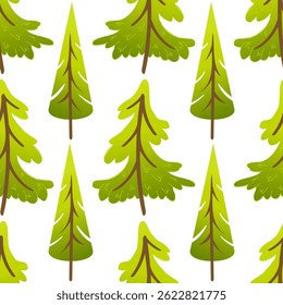 Seamless pattern with cartoon fir trees with trunks. Cute stylized pine tree background in flat design. Winter forest illustration for fabric, kids products, wrapping paper and woodland themes.