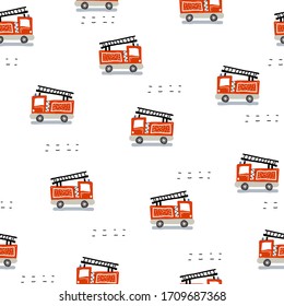 seamless pattern with cartoon fire engines, decor elements. Colorful vector flat style for kids. hand drawing. baby design for fabric, print, wrapper, textile