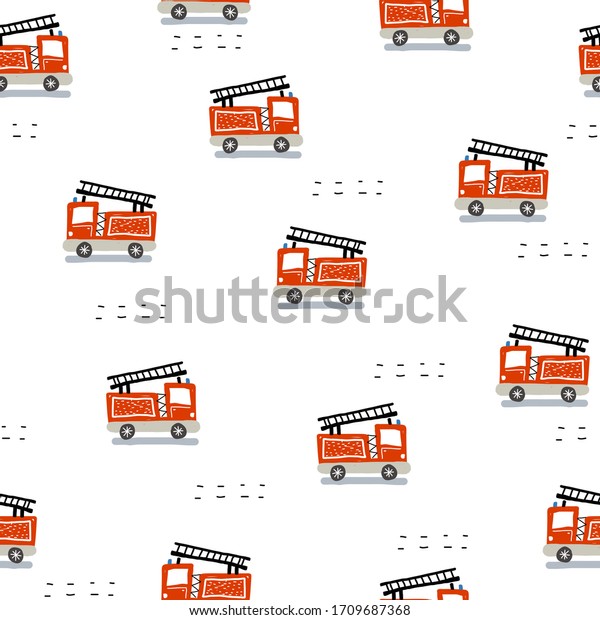 seamless pattern with cartoon fire\
engines, decor elements. Colorful vector flat style for kids. hand\
drawing. baby design for fabric, print, wrapper,\
textile