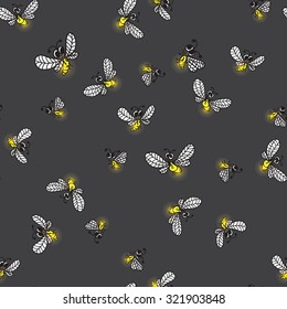Seamless pattern with cartoon fireflies at night. Vector illustration