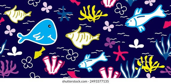 Seamless pattern with cartoon fish. Cute fish for fabric, baby clothes, background, textile, wrapping paper and other decoration.